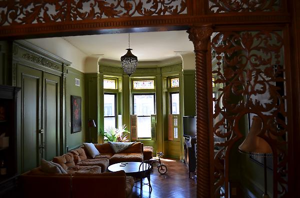 restored woodwork detail at living area