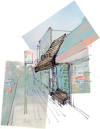 exterior view of storefront with custom awning and bench