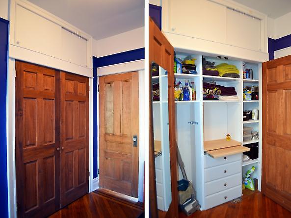 closet reconfiguraton with salvaged doors + interior view